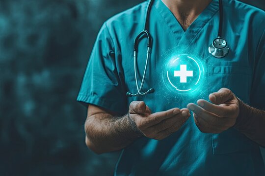 Medical worker with a plus icon represents the healthcare and medical industry, symbolizing health insurance and the health concept, highlighting access to welfare, health services, and copy space, ai