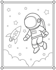 Astronaut with rocket in space suitable for children's coloring page vector illustration