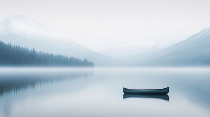 Obraz premium Serene landscape featuring a solitary canoe on a misty lake surrounded by mountains.