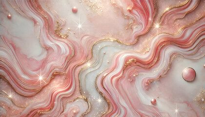 Pink liquify abstract watercolor background. Pastel wallpaper with gold and glitters. Fluid backdrop.