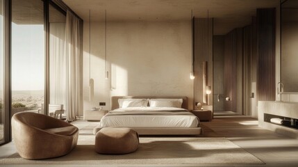 Modern minimalist bedroom with a large bed, soft lighting, and a view of the desert.
