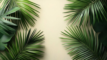 Naklejka premium Green tropical leaves on a beige background.
