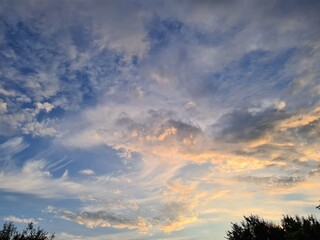 Serene Sunset Sky with Cirrus Clouds: A Perfect Background or Wallpaper
