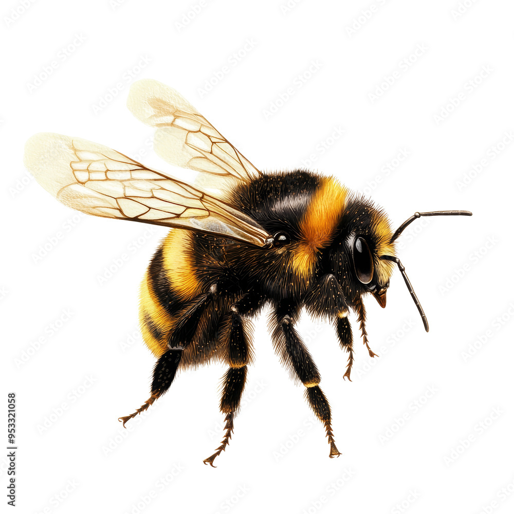 Poster a bee displaying its intricate patterns and colors while hovering in a bright, clear space, png bowl