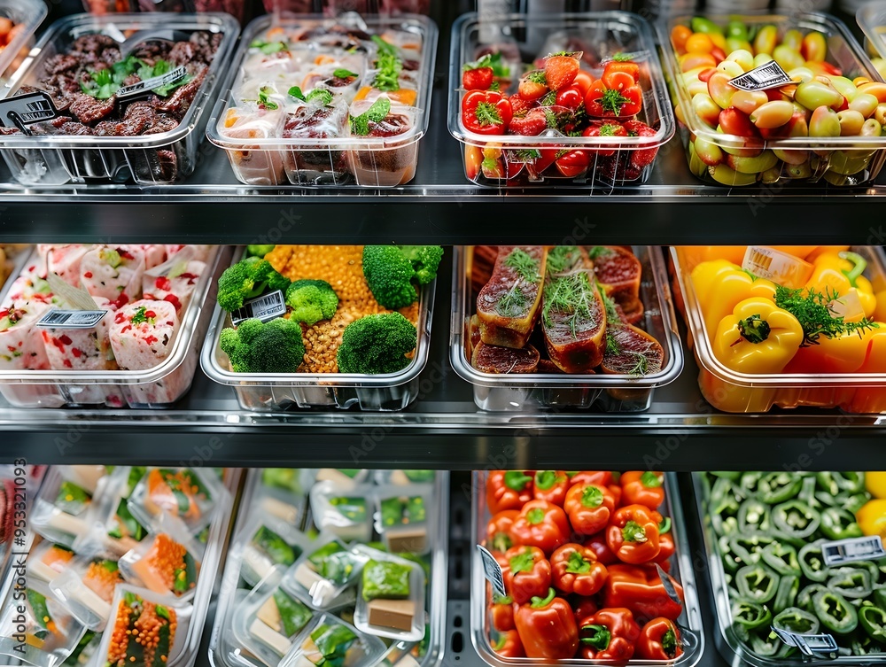 Poster diverse vegan lab grown meat alternatives on display in a futuristic grocery store with copy space