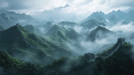 The Great Wall of China snakes through misty mountains.