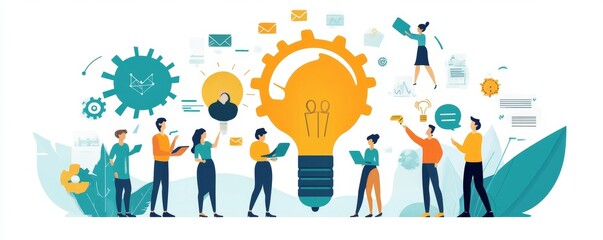 Fototapeta premium People searching for creative solutions. Teamwork business concept. Modern illustration of people for web design, Generative AI