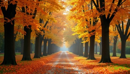 Autumn Pathway with Vibrant Foliage - Perfect for Nature and Colorful foliage in the park. Falling leaves natural background