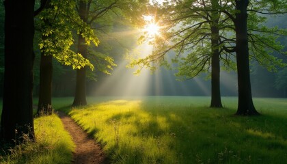 Naklejka premium Sunlit Forest with Light Streaming Through Trees - Perfect for Nature and Landscape Photography