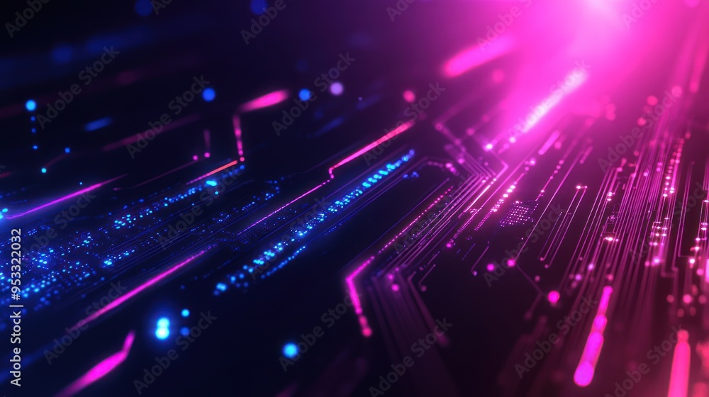 Poster abstract digital circuitry with glowing lines and dots