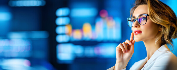 Naklejka premium Focused Businesswoman Analyzing Data on Digital Screens in Modern Office