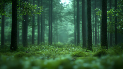 Obraz premium Lush green forest with tall trees and a foggy path.