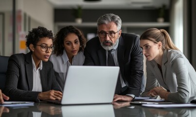International diverse professional executives business team workers and board leaders group using laptop tech computer discussing corporate management, Generative AI