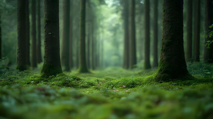 Fototapeta premium Lush green moss covers the forest floor, creating a sense of peace and tranquility.