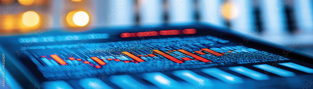 Aufkleber close-up of a digital screen displaying financial data with charts and graphs, illuminated in a blue