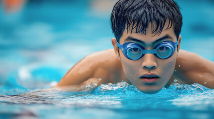 Naklejka premium Close-up of a professional male swimmer, a muscular sportsman, professional sports athlete swimming, training in the pool, young handsome Asian man, either Chinese or Japanese, exercising in the water
