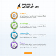 SWOT Analysis Infographic With 4 Steps and Editable Text for Business Presentations, Management, and Evaluation.