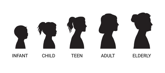 Stages woman growing up icon. Girl infant, child, teen, adult Women and elderly. Silhouette women different ages isolated Collection.