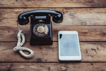 Old rotary phone and new smartphone showing technological evolution on desk