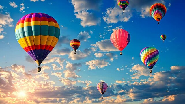 Colorful hot air balloons floating over a vibrant landscape at sunset in a clear blue sky