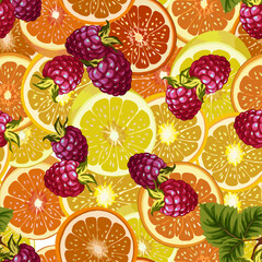 Raspberries and orange slices.Vector seamless pattern with raspberries and orange slices.