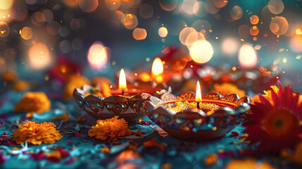 traditional oil lamp with flower on diwali festival