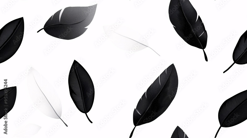 Poster black and white feather pattern: a minimalist design featuring a scattered pattern of black and whit