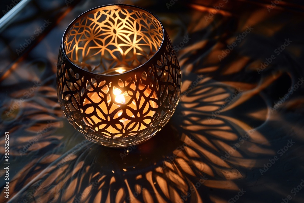 Poster decorative candle lantern casting a warm glow and creating intricate shadows on the surface beneath
