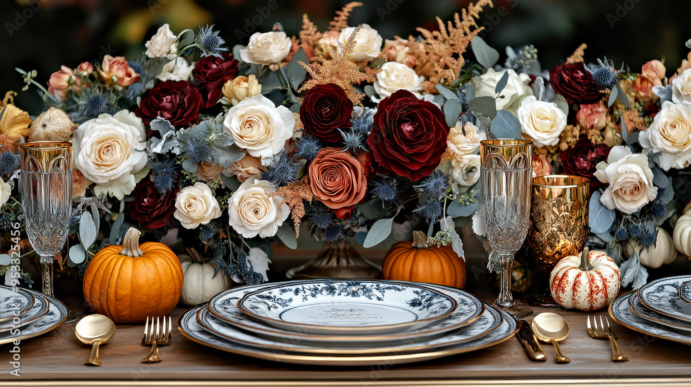 Poster A fall-themed wedding table setting with autumn flowers, pumpkins, and gourds, in an elegant style.