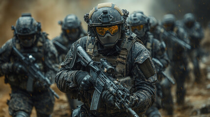 Naklejka premium Soldiers conducting a coordinated urban operation, with advanced technology integrated into their gear, representing modern warfare tactics.