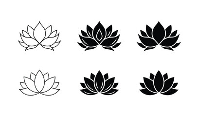 Lotus flower silhouette logo. Set black lotus symbol isolated on white background. Lotus vector icon, sign yoga and meditation for spa salon
