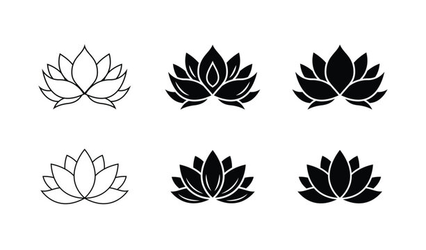 Lotus flower silhouette logo. Set black lotus symbol isolated on white background. Lotus vector icon, sign yoga and meditation for spa salon