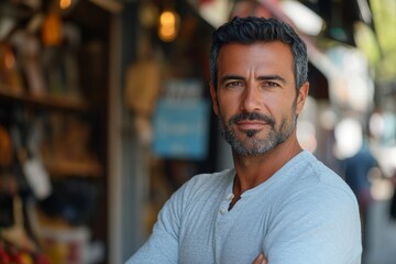 Fototapeta premium Small business owner at entrance looking at camera, Generative AI