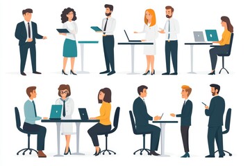 Collection of scenes at office. Bundle of men and women taking part in business meeting, negotiation, brainstorming, talking to each other. Colorful  illustration in flat cartoon, Generative AI