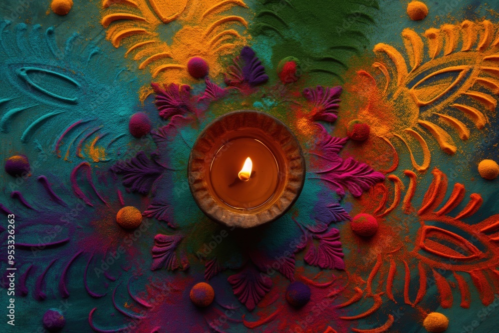 Poster clay diya with a burning flame, illuminating a vibrant and intricate rangoli pattern created with co