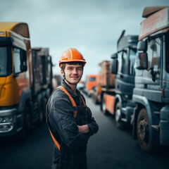 A young man in overalls and an orange helmet stands against the background of trucks with cargo, smiling at the camera. It's a sunny day in a busy industrial yard.