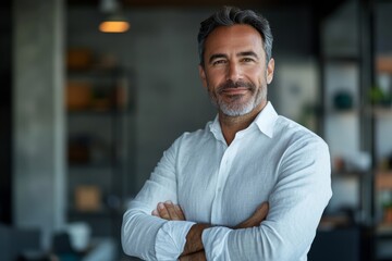 Obraz premium Our business is built on confidence. Cropped shot of a businessman standing in the office with his arms folded looking confident and smiling at the, Generative AI