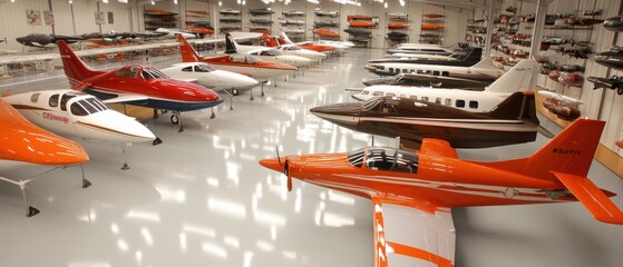 A Collection of Small Aircraft Stored in a Large Hangar