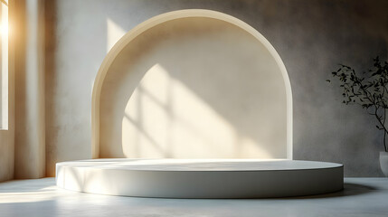 Minimalist white pedestal in a sunlit room with an arched niche and a potted plant.