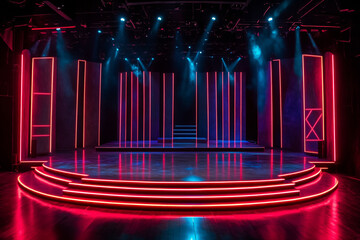 An empty stage for a singing competition, illuminated by neon lights and featuring a modern stage design.