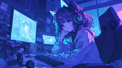 shounen anime illustration, cute anime girl playing video game