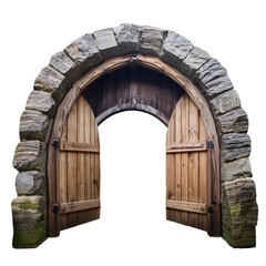 arch old wooden door in wall  isolated on Transparent Background.
