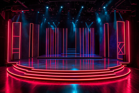 An empty stage for a singing competition, illuminated by neon lights and featuring a modern stage design.