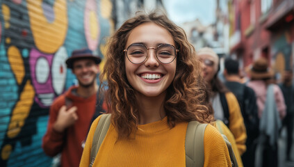 Fototapeta premium A group of young adults, dressed in trendy, casual clothing, exploring a vibrant urban area filled with street art and lively cafes. They are laughing, taking photos, and lookin