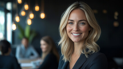 A beautiful blonde woman in her late thirties, smiling and standing at the front of an office meeting room with team members sitting around a table. She is wearing business attire