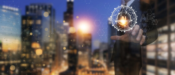 A businessman presenting a diagram of AI technology integrated with computer networks and cloud computing, highlighting business intelligence, digital connectivity, and communication concepts