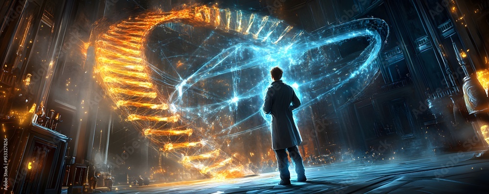 Poster man standing in front of a glowing portal.