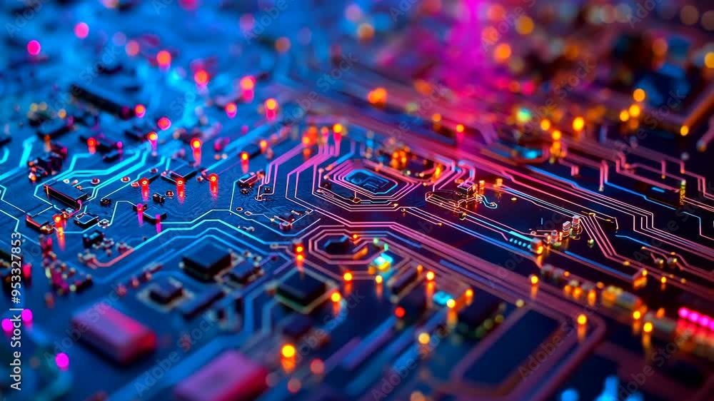 Poster exploring vibrant circuit patterns with glowing lights in a close-up view of technology
