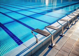 Obraz premium Low-angle view of sleek, modern swimming starting blocks, casting long shadows on the pool deck, with calm water rippling in the background.