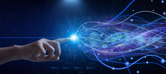 A hand touching the fastest global data network structure, representing future technology and high-speed internet connectivity in a digitally connected world focused on secure data and AI-driven 